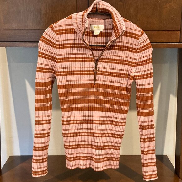 Anthropologie Maeve Ribbed Striped 1/4 Zip Sweater M $118 - Picture 2 of 3